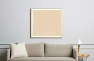 a frame mockup in a contemporary minimalist room with a beige color scheme. AI Generated photo