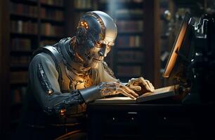 AI robot reading a book in a library. AI Generated photo