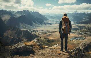 un caminante en pie a el pico de un montaña con un mochila. ai generado foto