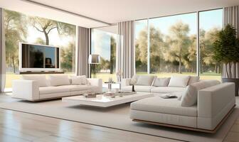 Modern white interior with beautiful backyard view. AI Generated photo