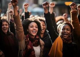 negro mujer marzo juntos en protesta. ai generado foto