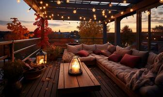 view over cozy outdoor terrace with outdoor string lights. AI Generated photo