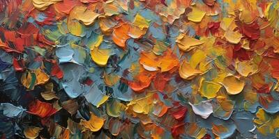 Generative AI, Closeup of impasto abstract rough autumn colors art painting texture, orange fall background photo