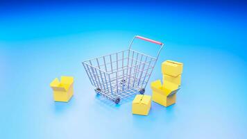 3D rendering of shopping cart with open and closed boxes, Shopping Trolley photo
