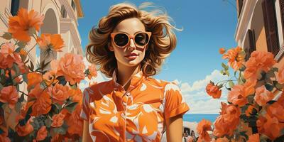 Generative AI, beautiful woman in the summer cityscape of Italy flat illustration. Beautiful view of street photo