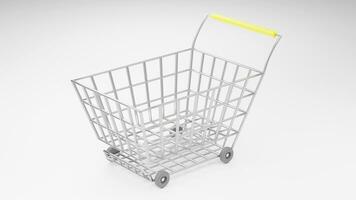 3d representación de compras carro, compras carretilla en blanco foto