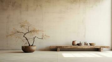 generativo ai, calentar neutral wabi sabi estilo interior Bosquejo, japonés minimalista estilo, sucio pared foto