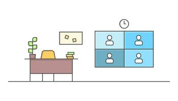 Illustration of a classroom with a teacher's desk and a modern blackboard. Video communication with students vector