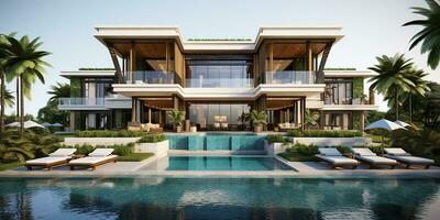 Generative AI, View of swimming pool in front of a modern luxury house. Villa, hotel resort photo