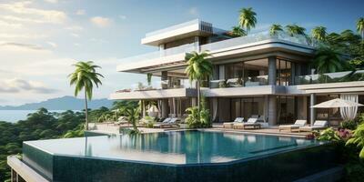 Generative AI, View of swimming pool in front of a modern luxury house. Villa, hotel resort photo