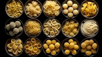 Generative AI, Variety of types, colors and shapes of Italian pasta, texture background photo