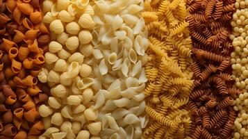 Generative AI, Variety of types, colors and shapes of Italian pasta, texture background photo