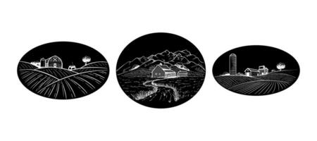 Farm and agriculture icon. Fields for sowing, barns, tractor and cattle grazing. Farm on the background of the mountains. On a black background. vector