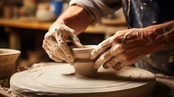 Generative AI, hands with clay making of a ceramic pot in the pottery studio, hobby and leisure concept photo