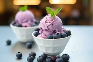 blueberry ice cream on the table with a blurry background photo