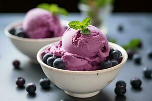 blueberry ice cream on the table with a blurry background photo