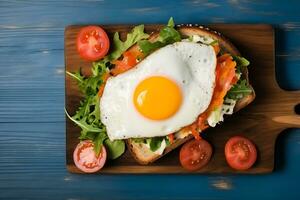 blue Wooden board with fried egg with vegetables sandwich photo