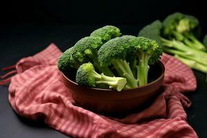 Broccoli in ceramic bowl and on pink cloth, dark table photo