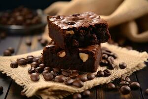 Chocolate brownies on sackcloth and coffee beans on a wooden table photo