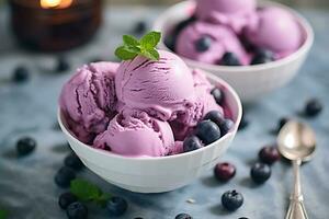 blueberry ice cream on the table with a blurry background photo