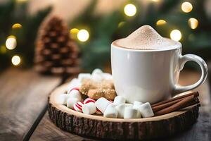 A cup of cocoa with marshmallows closeup on a blurred background photo