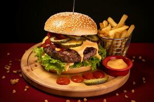 Big burger, french fries, fry sauce and two chili peppersserved on a wooden board photo