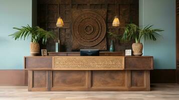 Generative AI, Front desk of boho hotel, wooden reception photo