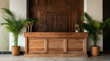 Generative AI, Front desk of boho hotel, wooden reception photo