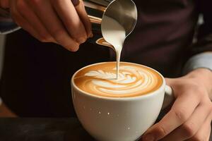 close up shoot barista making a latte art photo