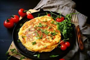 de cerca de un delicioso tortilla desayuno tardío foto