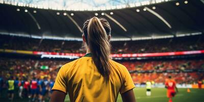 joven mujer fútbol jugador vistiendo vívido fútbol uniforme. ai generado foto