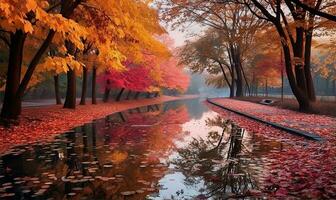 Beautiful autumn scenery with colorful foliage in the park. AI Generated photo