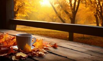 un taza de calentamiento otoño té metido en un rústico de madera mesa. ai generado foto