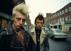 Retro gritty photograph, Two British punk rock men from the 1970s. AI Generated photo