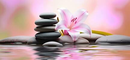 un sereno zen jardín, enfoque en un apilar de spa masaje piedras delicadamente equilibrado con rosado lirio flores adornando a ellos. ai generado foto