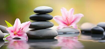 un sereno zen jardín, enfoque en un apilar de spa masaje piedras delicadamente equilibrado con rosado lirio flores adornando a ellos. ai generado foto