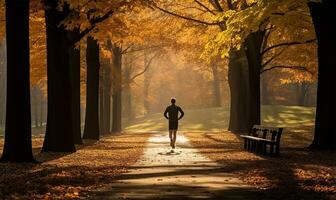 hombre corriendo en parque durante un otoño Mañana. ai generado foto