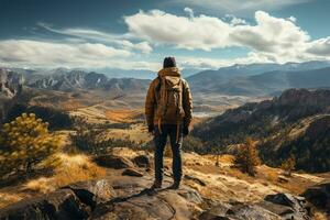 a hiker standing at the peak of a mountain with a backpack. AI Generated photo