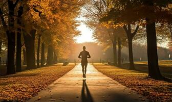 hombre corriendo en parque durante un otoño Mañana. ai generado foto