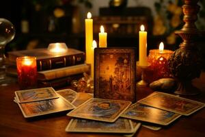 Tarot cards on wooden table. Fortune telling and reading future. Generative AI photo