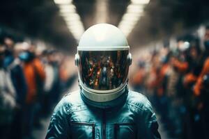 astronauta vistiendo espacio traje a concurrido calle en prisa hora. generativo ai foto