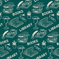 Flat vector pattern with books and related items. Minimalistic sketch hand drawn seamless design. White isolated library items on green chalkboard. Good for decoration, textile, wrapping paper