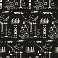 Vector flat doodle pattern with science items. Minimalistic sketch hand drawn design. White isolated science items on black chalkboard. Good for decoration, textile, wrapping paper, background