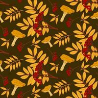 Hand drawn autumn ashberry and mushroom pattern on dark background. Isolated flat vector yellow leaves and chanerelles with red berries. Simple nature design. Good for decoration, textile, wrapping