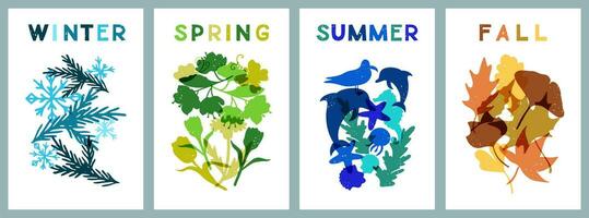 Abstract retro nature posters about four seasons. Minimalistic risoprint hand drawn concept illustration with grunge texture. Nature monochromatic silhouettes. Ideal for background, banner, poster vector