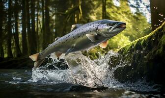 Wild Chinook salmon fish jumping out of river water in a forest. AI Generated photo