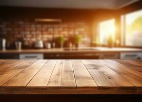 empty wooden table top with a blurred background of a kitchen setting. AI Generated photo