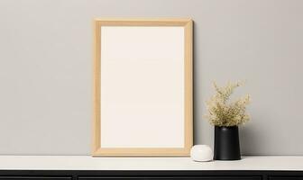 a frame mockup in a contemporary minimalist room with a beige color scheme. AI Generated photo