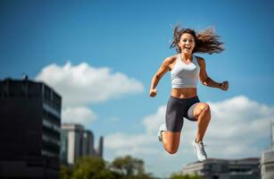aptitud mujer saltando al aire libre en urbano ambiente foto