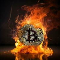 golden bitcoin coin on fire on black background. AI generated photo